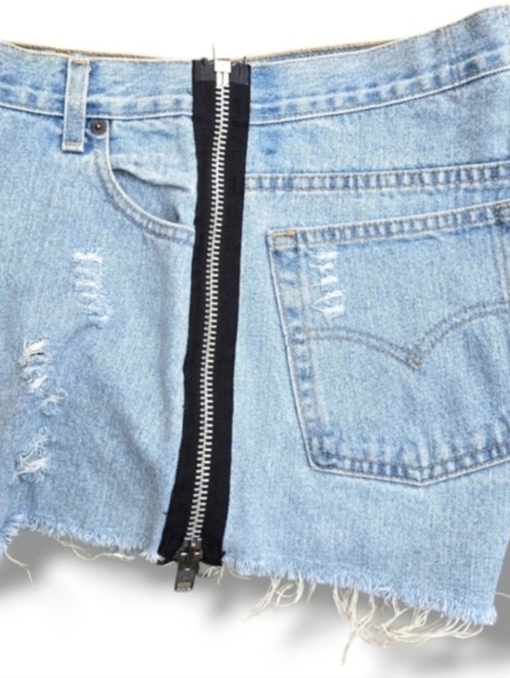 Furst Of A Kind Upcycled Levi's Jean Short Distressed Denim Side Zip Size 30 - Picture 3 of 13